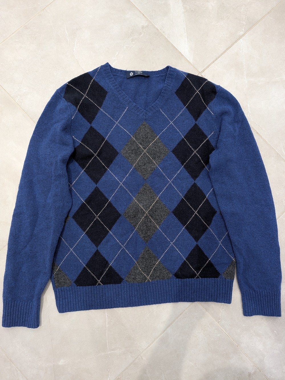 2/$60 J. Crew 100% Wool Blue Argyle V-Neck Sweater Black & Gray Diamonds Men's L
